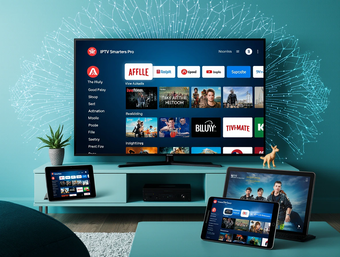 Modern Australian living room with a Smart TV displaying IPTV Smarters Pro interface, showcasing the Best IPTV Players in Australia 2025. A FireStick, Android smartphone, and iPad on a coffee table mirror the app, highlighting multi-device compatibility. The scene includes a iptvaussie.com watermark, a ‘Legal Streaming – Copyright Act 1968 Compliant’ badge, and subtle Australian decor like a kangaroo figurine and Sydney Opera House photo.”