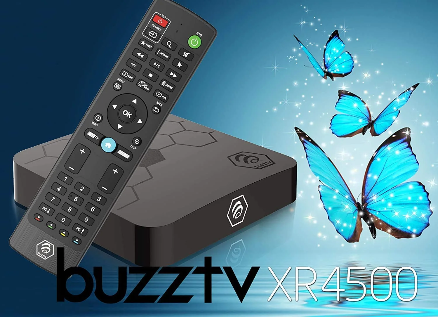 BuzzTV XRS 4000 Android IPTV box on a TV stand with 4K interface on screen and stable WiFi connectivity.