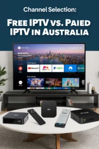 Channel Selection: Free IPTV vs. Paid IPTV in Australia 2025 comparison showcasing IPTV boxes like NVIDIA Shield TV and Fetch TV Mighty with Australian pricing on a modern living room table, featuring the keyword in bold text overlay