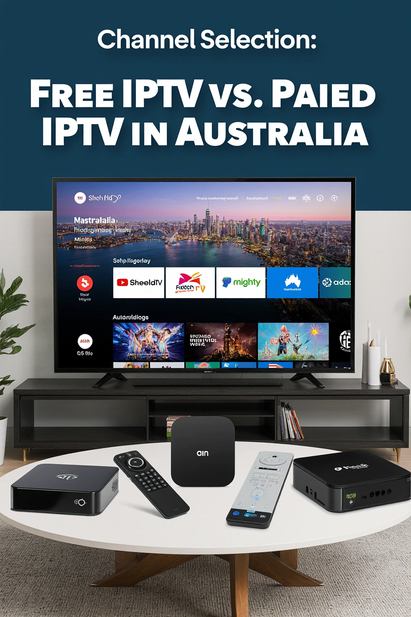 Channel Selection: Free IPTV vs. Paid IPTV in Australia 2025 comparison showcasing IPTV boxes like NVIDIA Shield TV and Fetch TV Mighty with Australian pricing on a modern living room table, featuring the keyword in bold text overlay