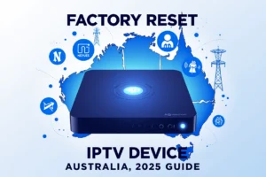 Factory reset IPTV device complete guide for Australia showing Android TV box with reset procedures and NBN compatibility icons