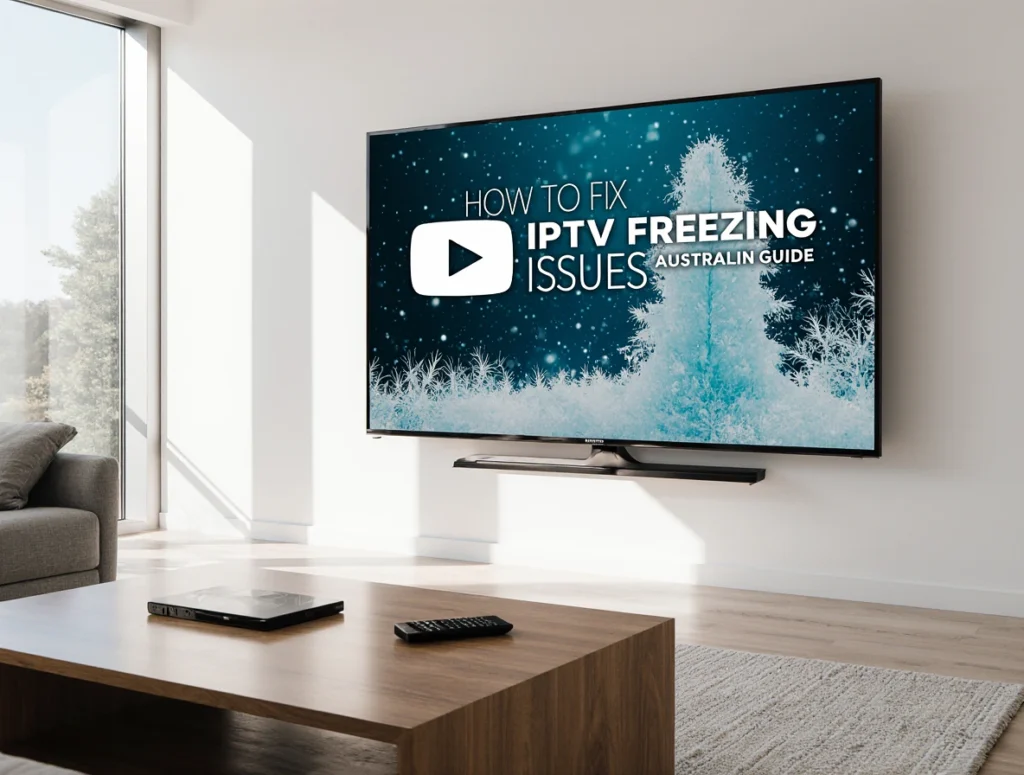 How to Fix IPTV Freezing Issues – Australian guide 2025 showing frozen IPTV stream on a 4K TV in a modern living room.