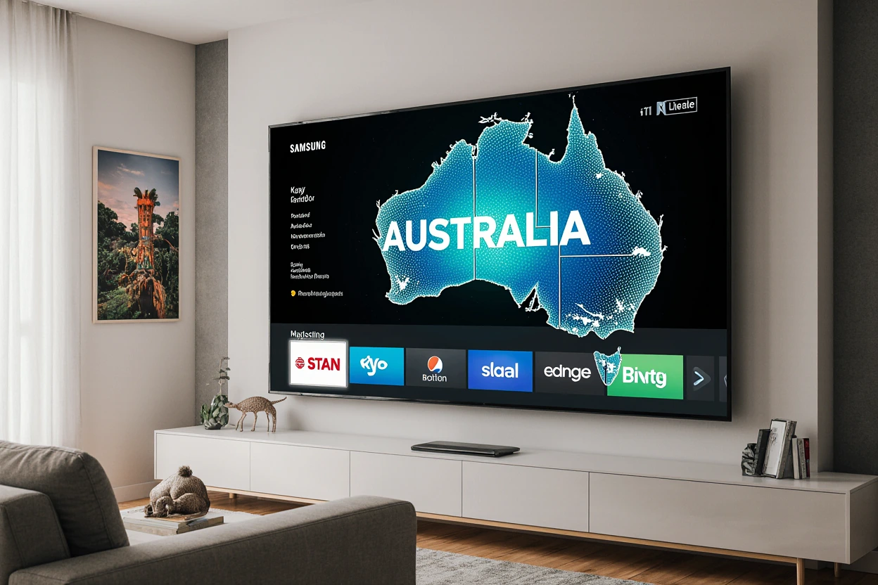 Samsung Smart TV displaying IPTV AUSTRALIA interface with Australian map and icons for Stan, Channel 9, and Kayo Sports in a modern living room.