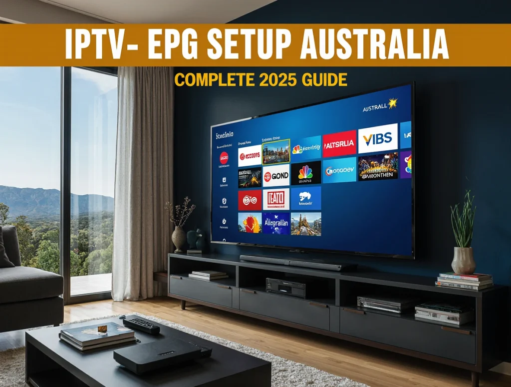 Australian IPTV EPG setup guide showing smart TV with electronic program guide displaying Channel 7, ABC, SBS channels and streaming device on coffee table
