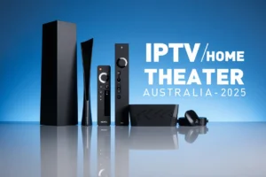 A modern IPTV home theater setup with sleek black soundbars, remote controls, and a futuristic design, showcasing the 2025 Australian IPTV home theater system.