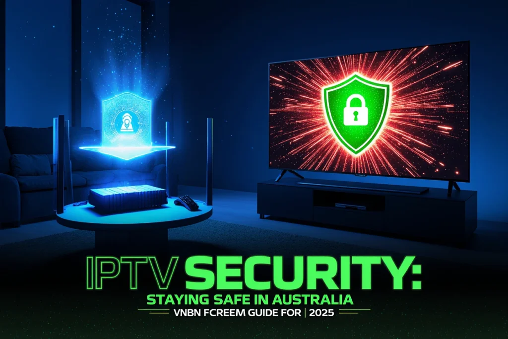 Cinematic IPTV Security: Staying Safe in Australia guide for 2025, showcasing a secure NVIDIA Shield TV Pro setup with VPN protection versus an unsecured system with warning alerts.