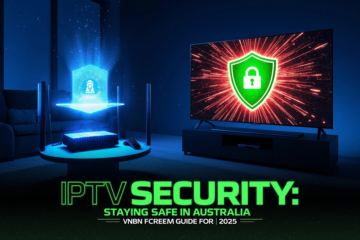 Cinematic IPTV Security: Staying Safe in Australia guide for 2025, showcasing a secure NVIDIA Shield TV Pro setup with VPN protection versus an unsecured system with warning alerts.