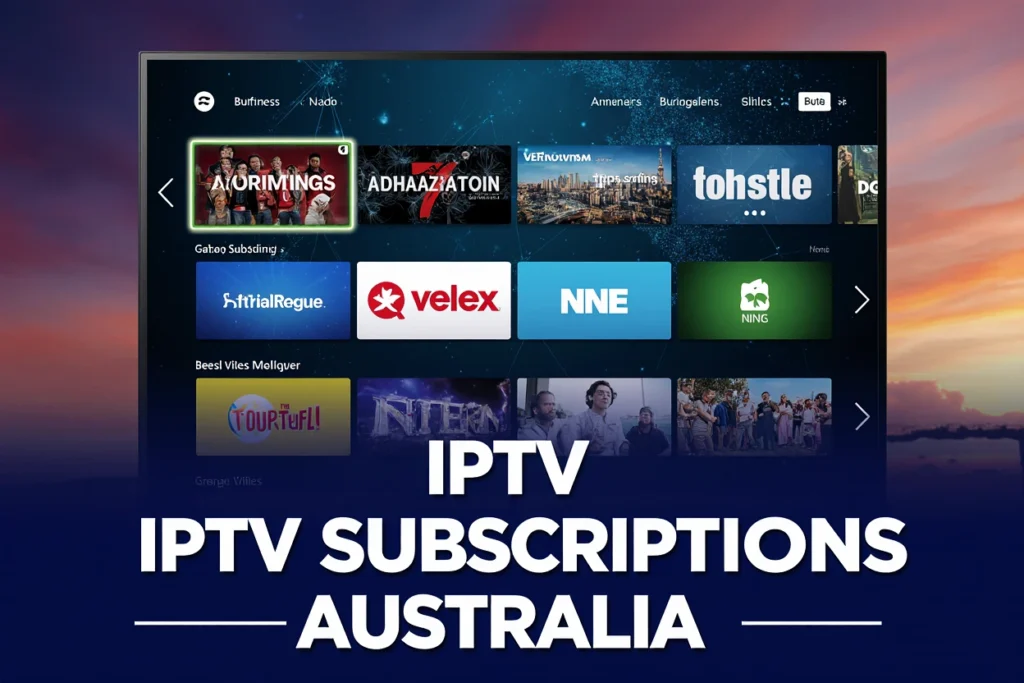 High-quality Smart TV displaying IPTV Subscriptions Australia with a vibrant app interface and Australian map background.