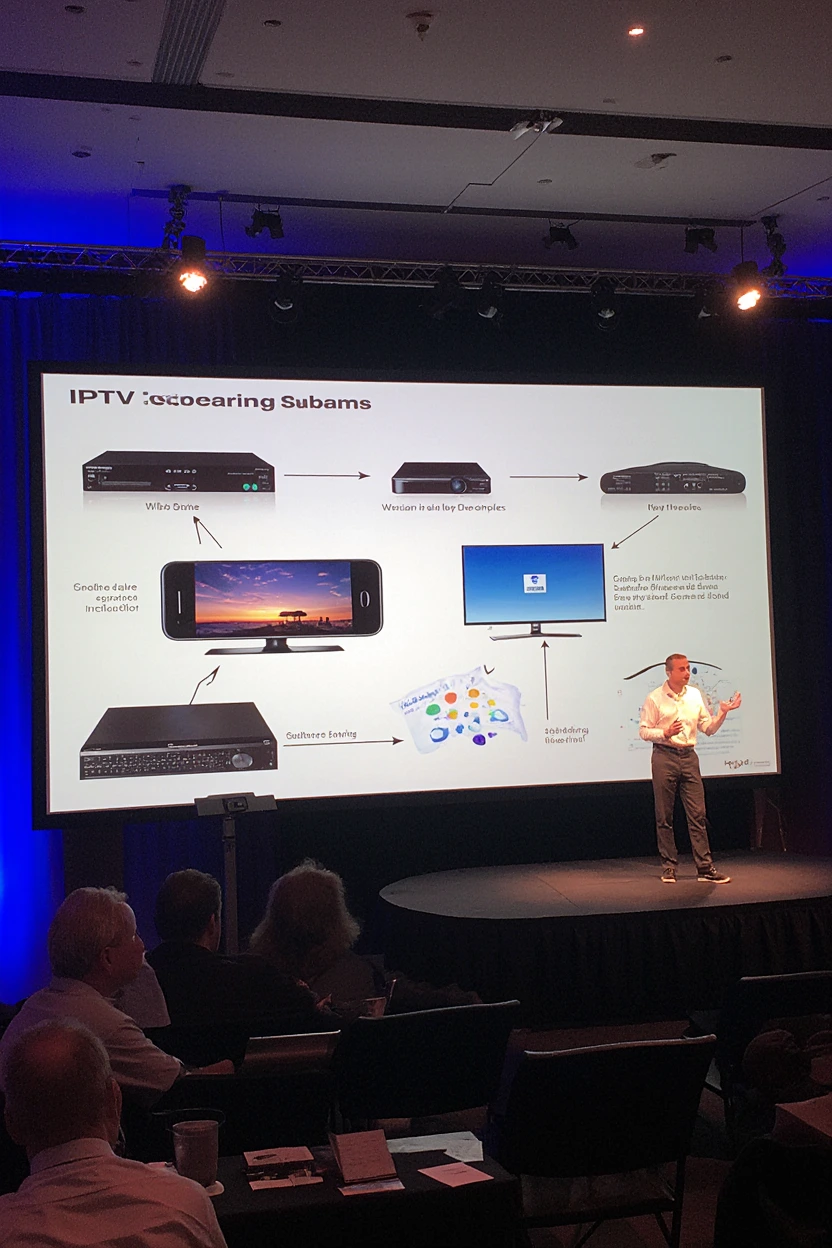 IPTV device ecosystem showing the future of streaming technology in Australia with connected smart TV, Android TV box, tablets, smartphones, and VR headsets displaying Australian streaming content