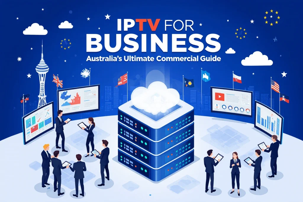 IPTV for business implementation guide showing Australian corporate environment with commercial streaming displays and NBN Business connectivity setup