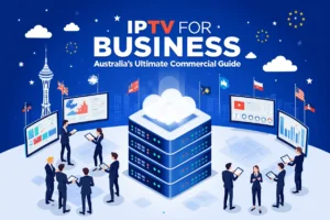 IPTV for business implementation guide showing Australian corporate environment with commercial streaming displays and NBN Business connectivity setup