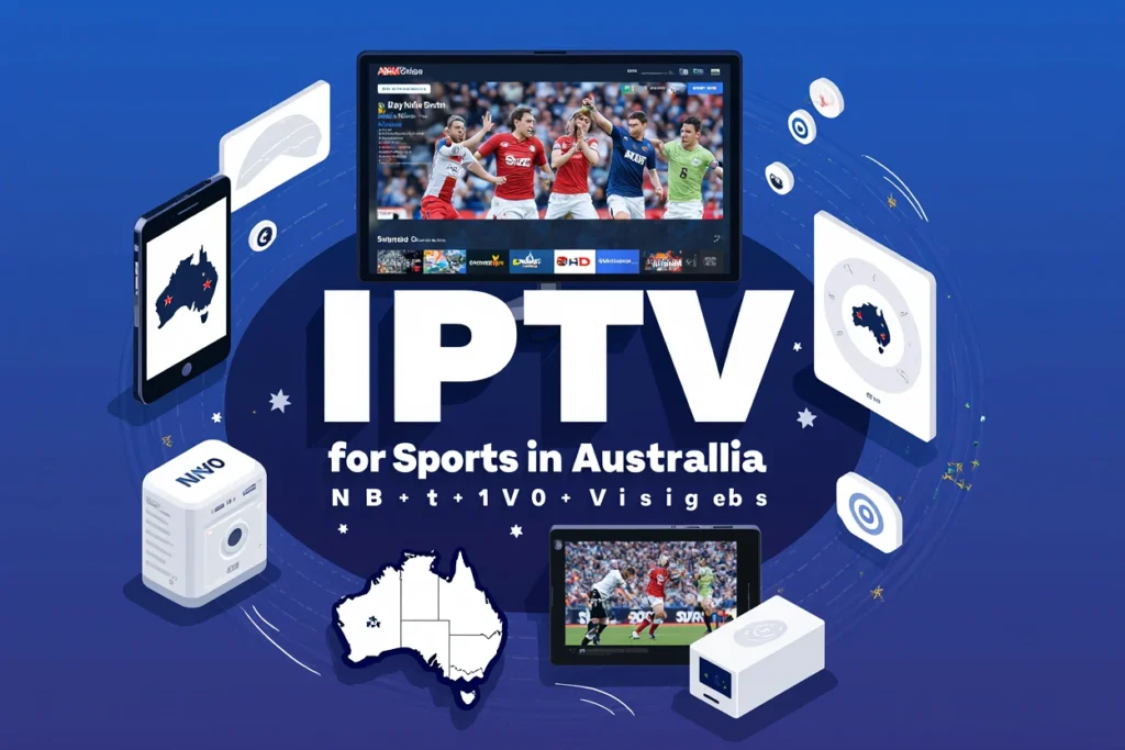 Graphic design illustrating IPTV for sports in Australia, featuring a blue-toned image with a television displaying a live sports match, surrounded by digital devices symbolizing streaming technology.