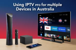Collection of IPTV devices displayed with bold text "Using IPTV on Multiple Devices in Australia," compatible with Australian streaming services like Stan on NBN networks.