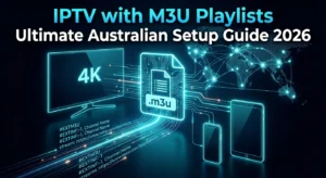 IPTV with M3U playlists technical diagram showing M3U file code, streaming connections, and multi-device IPTV setup for Australian guide 2026