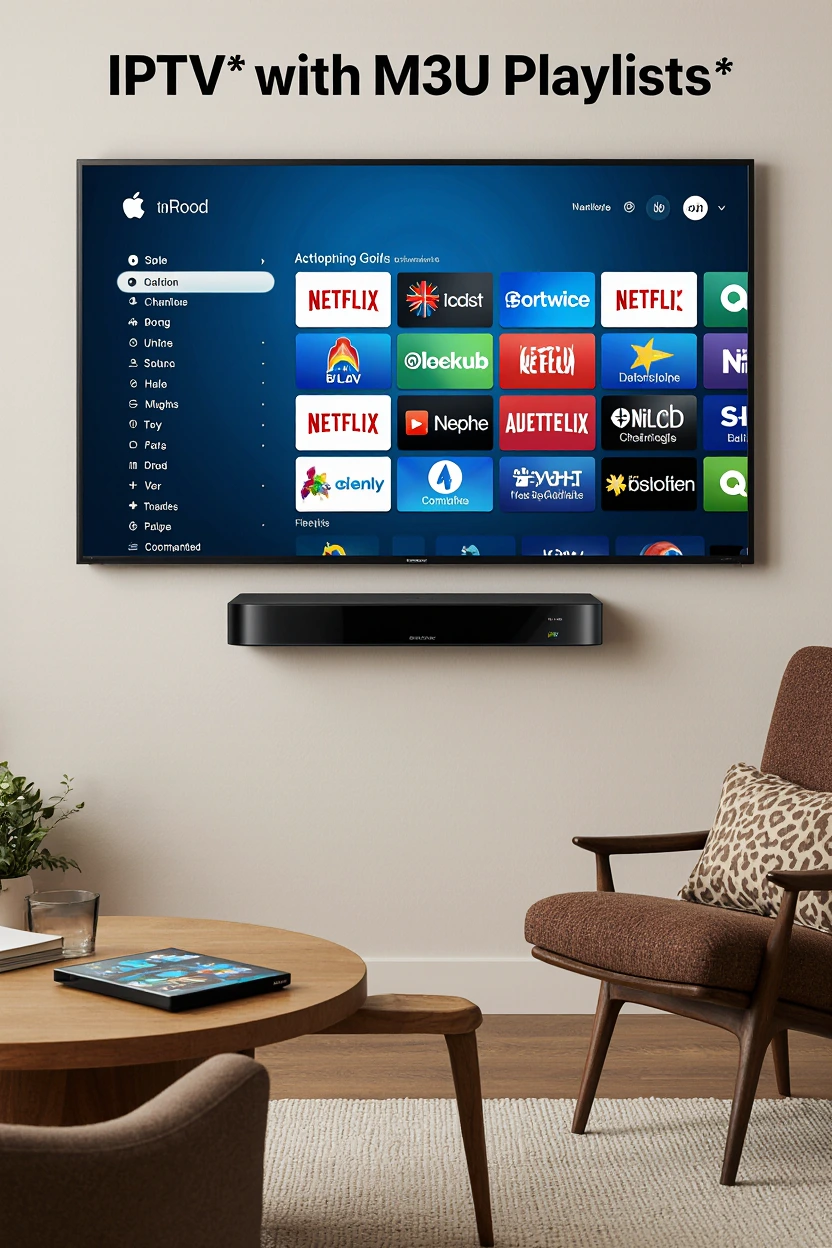 IPTV with M3U Playlists setup in modern Australian living room featuring Apple TV 4K