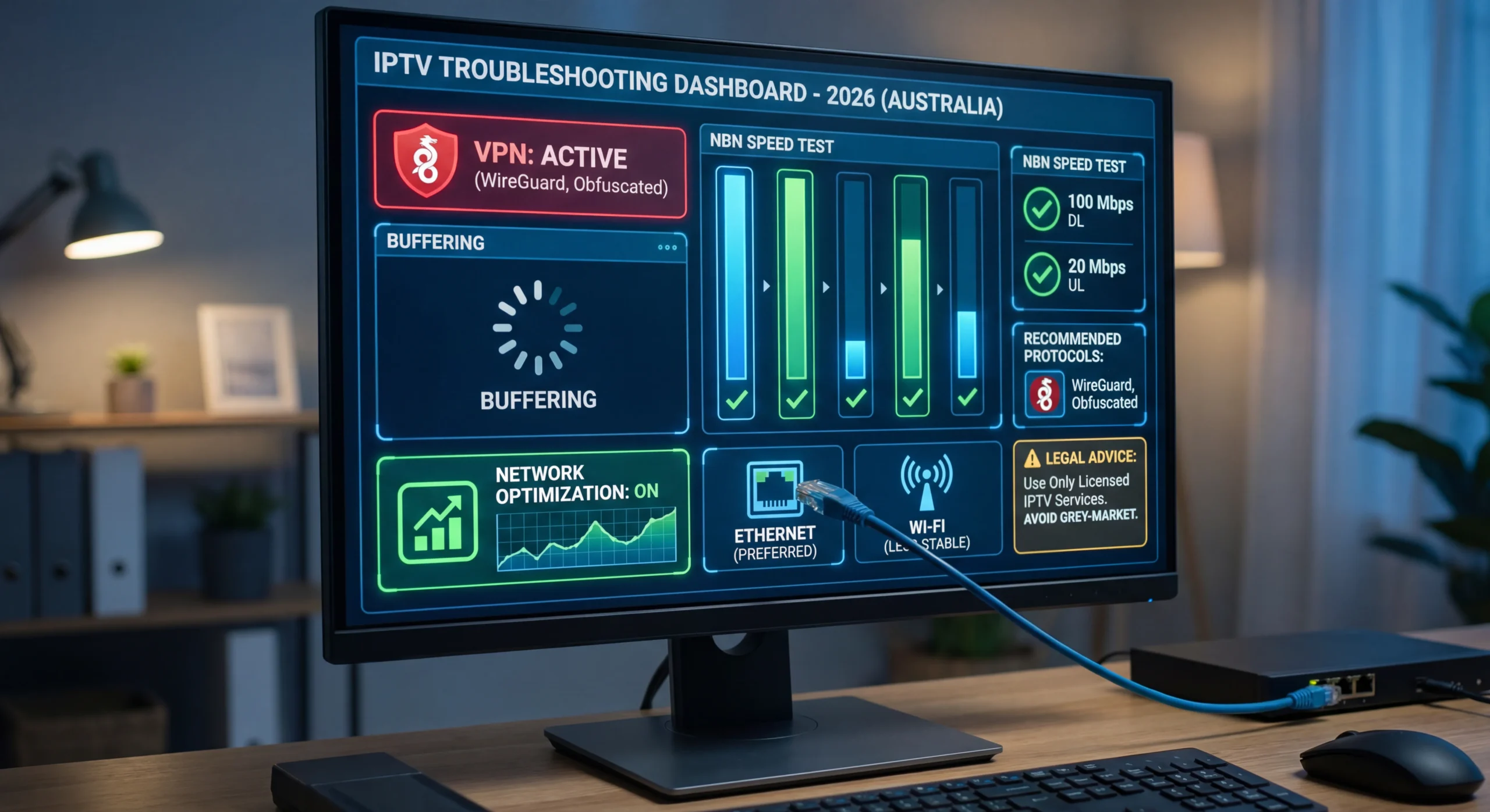 Diagram of 2026 IPTV troubleshooting in Australia showing VPN connection setup, buffering indicators, NBN speed, and device optimization tips. No human figures included.