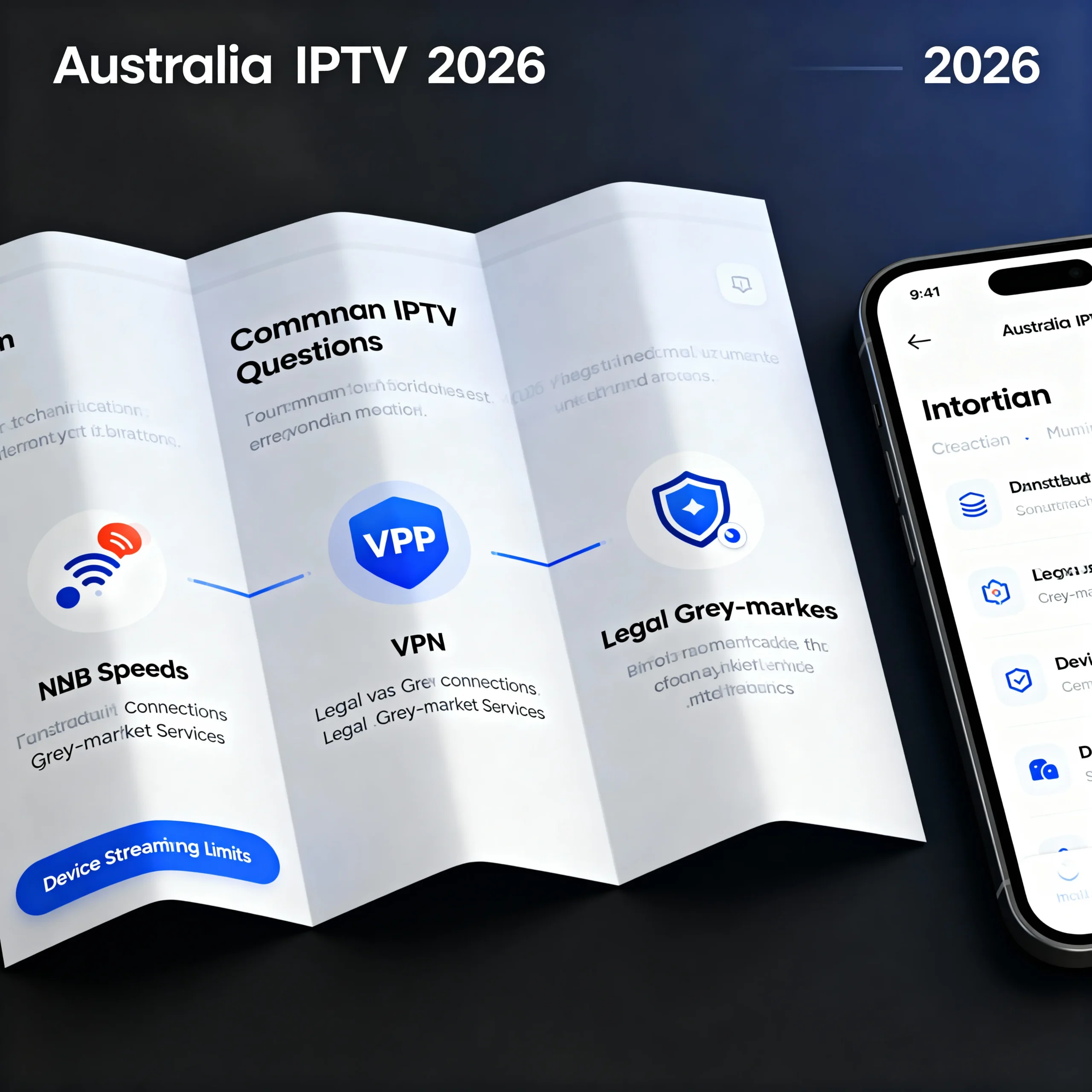 Illustration of IPTV FAQ in Australia 2026, showing an accordion-style interface with highlighted questions and icons for NBN speed, VPN, legal vs grey-market services, and multi-device streaming. No human figures included.