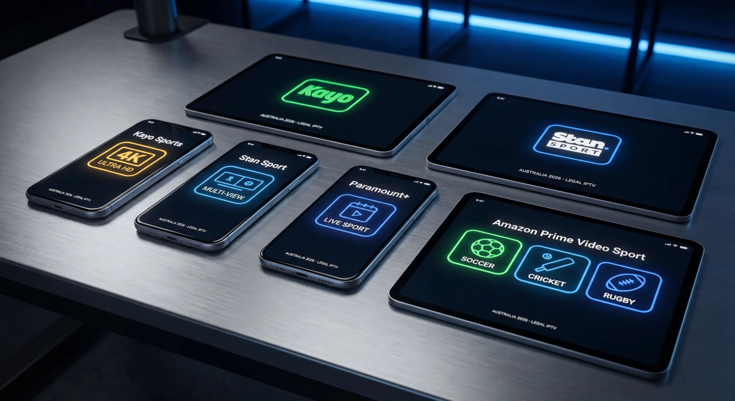 Abstract high-tech illustration of legal IPTV sports streaming in Australia 2026, showing simplified interface panels for Kayo Sports, Stan Sport, Paramount+, and Amazon Prime Sport on mobile and tablet screens with clear icons for 4K streaming, multi-view, and sports categories.