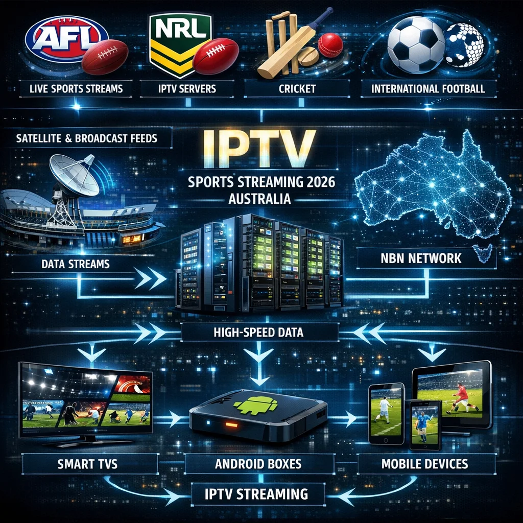 Technical diagram illustrating IPTV sports streaming flow in Australia 2026, from live sports source to server, then through NBN network to devices like smart TVs and Android boxes. Icons for AFL, NRL, cricket, and international football included.
