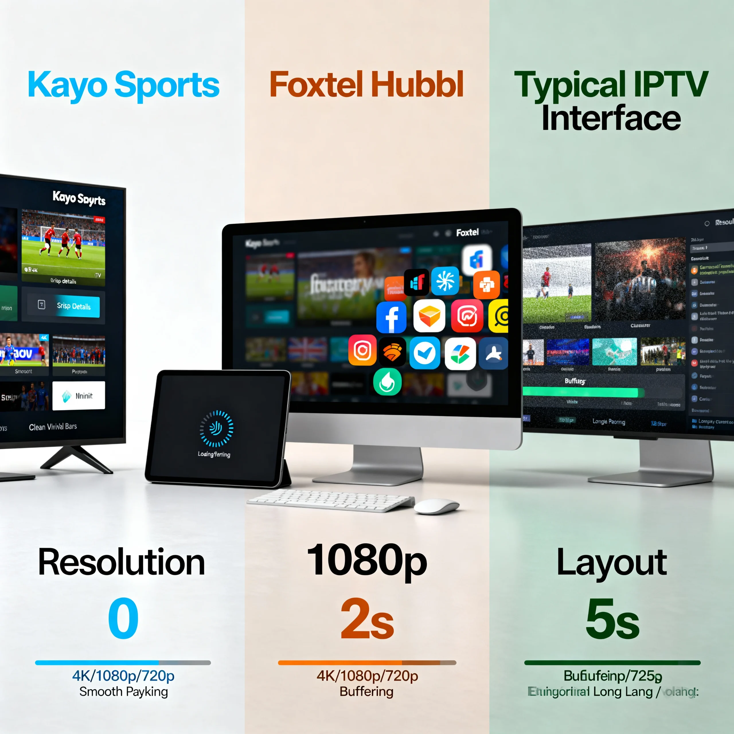 Comparative illustration of 2026 sports streaming interfaces showing Kayo Sports, Foxtel Hubbl, and generic IPTV streams on multiple devices. Highlights quality differences, buffering indicators, and 4K support without human figures.