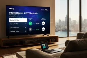 A cozy Australian living room with a smart TV displaying an IPTV interface in 4K, featuring bold text overlay reading "Internet Speed and IPTV in Australia." A router is connected via Ethernet, and a laptop shows a 100 Mbps NBN speed test. A Sydney skyline is visible through a window, with an infographic listing NBN speed tiers for IPTV.