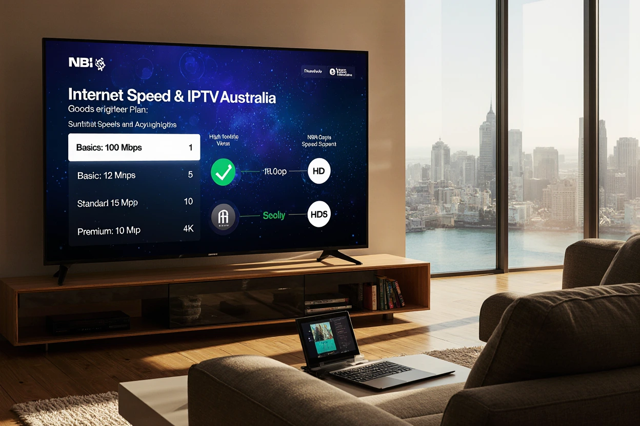 A cozy Australian living room with a smart TV displaying an IPTV interface in 4K, featuring bold text overlay reading "Internet Speed and IPTV in Australia." A router is connected via Ethernet, and a laptop shows a 100 Mbps NBN speed test. A Sydney skyline is visible through a window, with an infographic listing NBN speed tiers for IPTV.