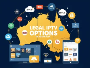 Legal IPTV options in Australia comparison infographic showing 7 best streaming services with pricing, Australian map, smart devices, and service logos including Netflix, Stan, Kayo Sports, Disney+, Amazon Prime Video, Optus Sport, and Paramount+