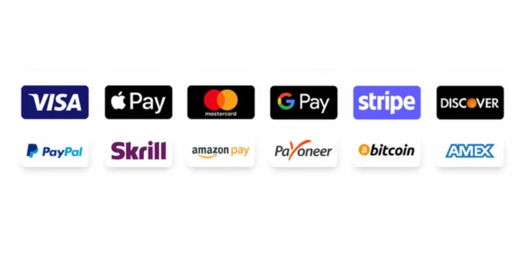 Logos of various payment methods including Visa, Mastercard, Apple Pay,