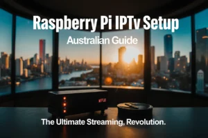 Raspberry Pi 4 device in black case connected to multiple streaming displays showing 4K content, with Melbourne cityscape background - illustrating Australian IPTV setup guide for cord-cutting