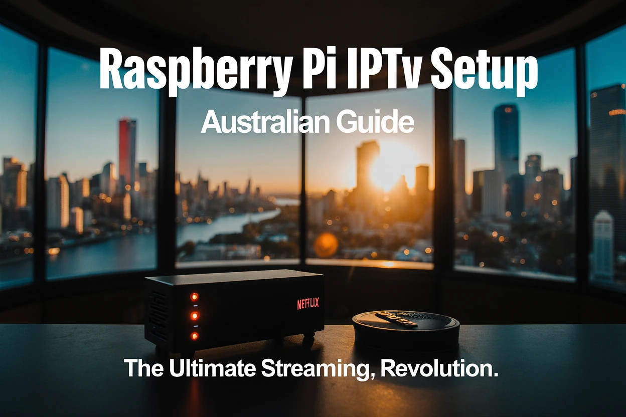 Raspberry Pi 4 device in black case connected to multiple streaming displays showing 4K content, with Melbourne cityscape background - illustrating Australian IPTV setup guide for cord-cutting