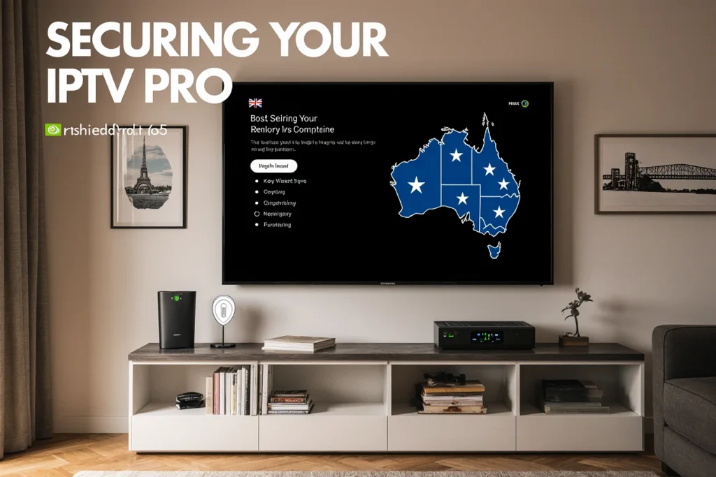 Securing Your IPTV setup in modern Australian living room with NVIDIA Shield TV Pro, secure NBN router, and 4K TV displaying streaming security interface