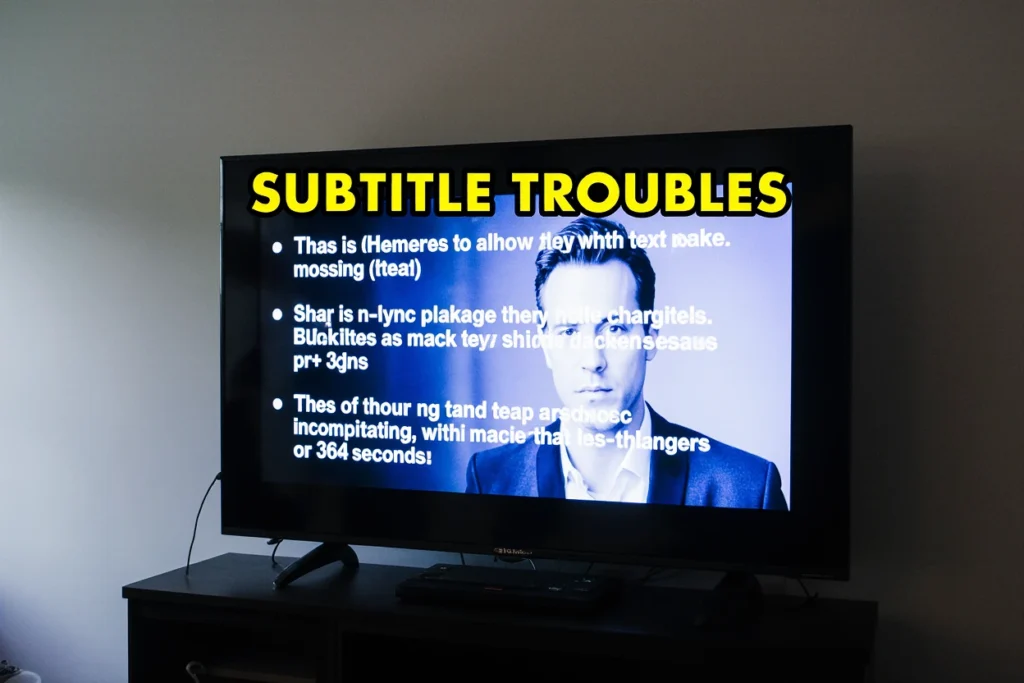 Subtitle troubles displayed on TV screen showing garbled text, sync issues, and formatting problems with IPTV streaming