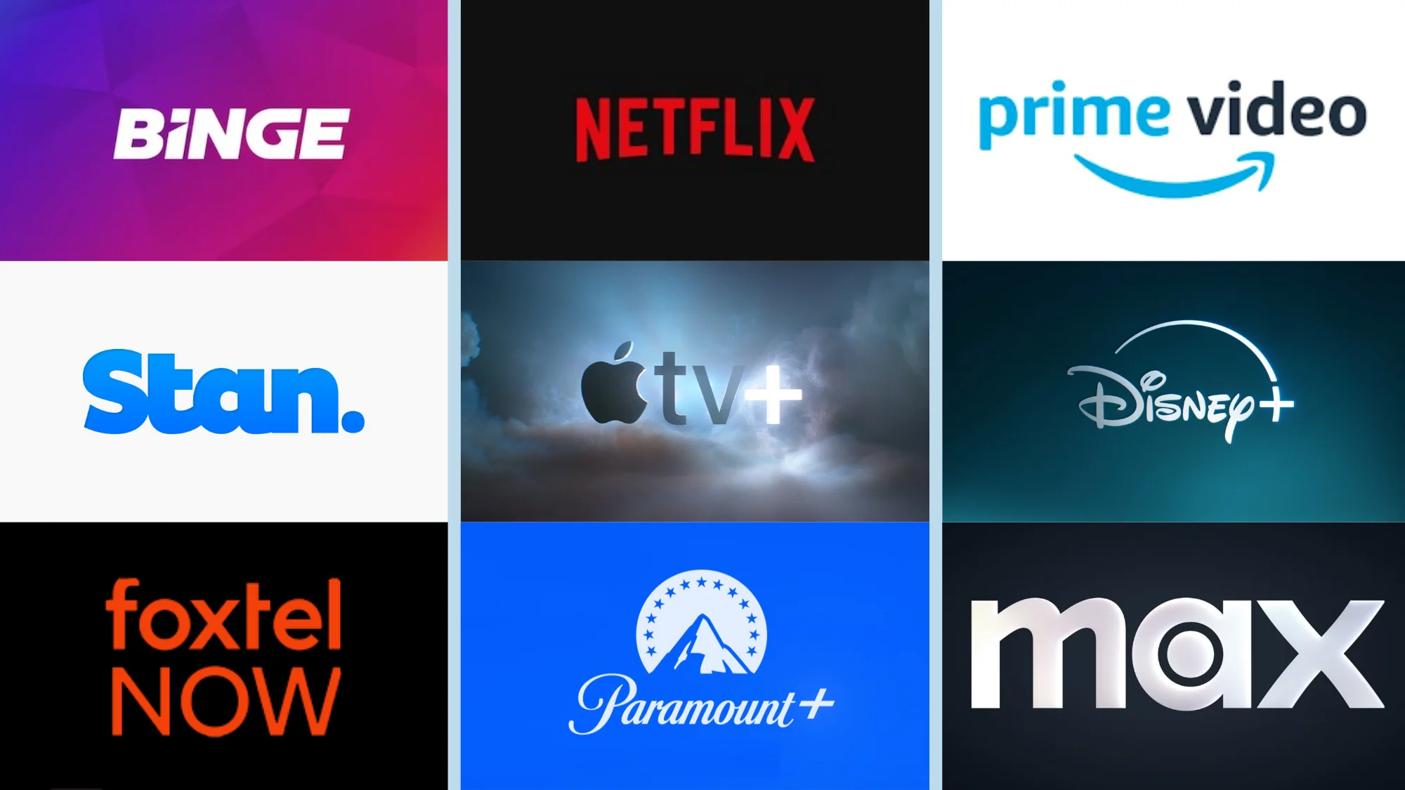 Grid of nine streaming service logos including Netflix, Prime Video, Disney+, Apple TV+, and others.
