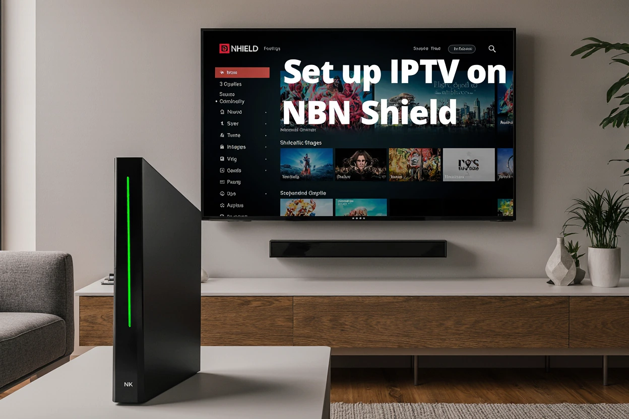 How to Set up IPTV on NVIDIA Shield Australia guide showing the device setup with 4K TV and streaming interface