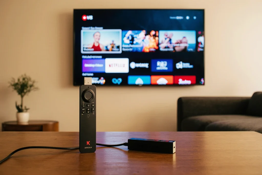 Setup IPTV in Fire TV Stick in modern living room showing channel interface and streaming comparison