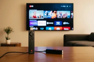 Setup IPTV in Fire TV Stick in modern living room showing channel interface and streaming comparison