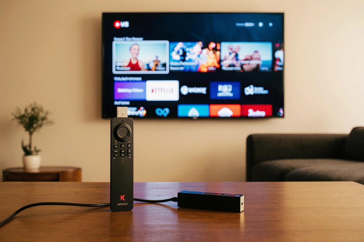 Setup IPTV in Fire TV Stick in modern living room showing channel interface and streaming comparison