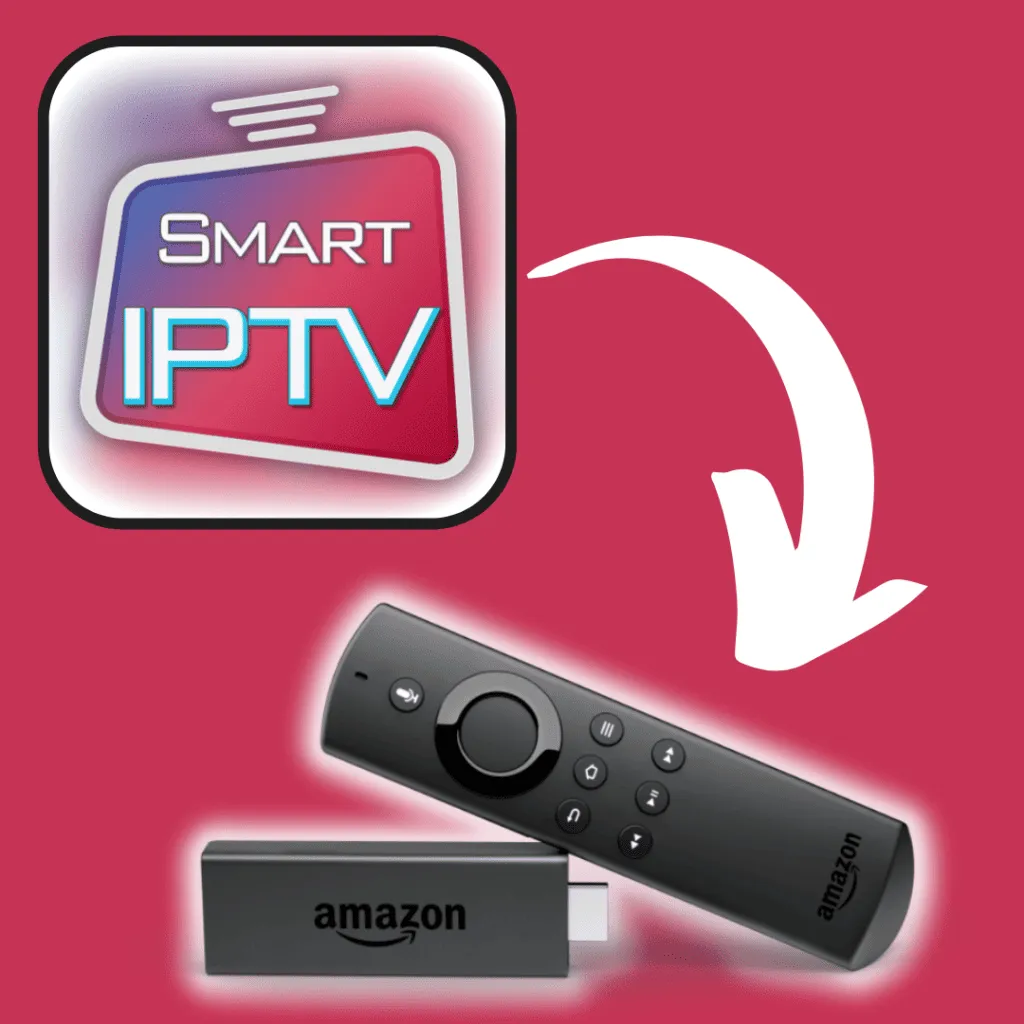 A promotional image for the SMART IPTV app on a red background, showing the app icon, a set-top box, a remote control, and a circular arrow.