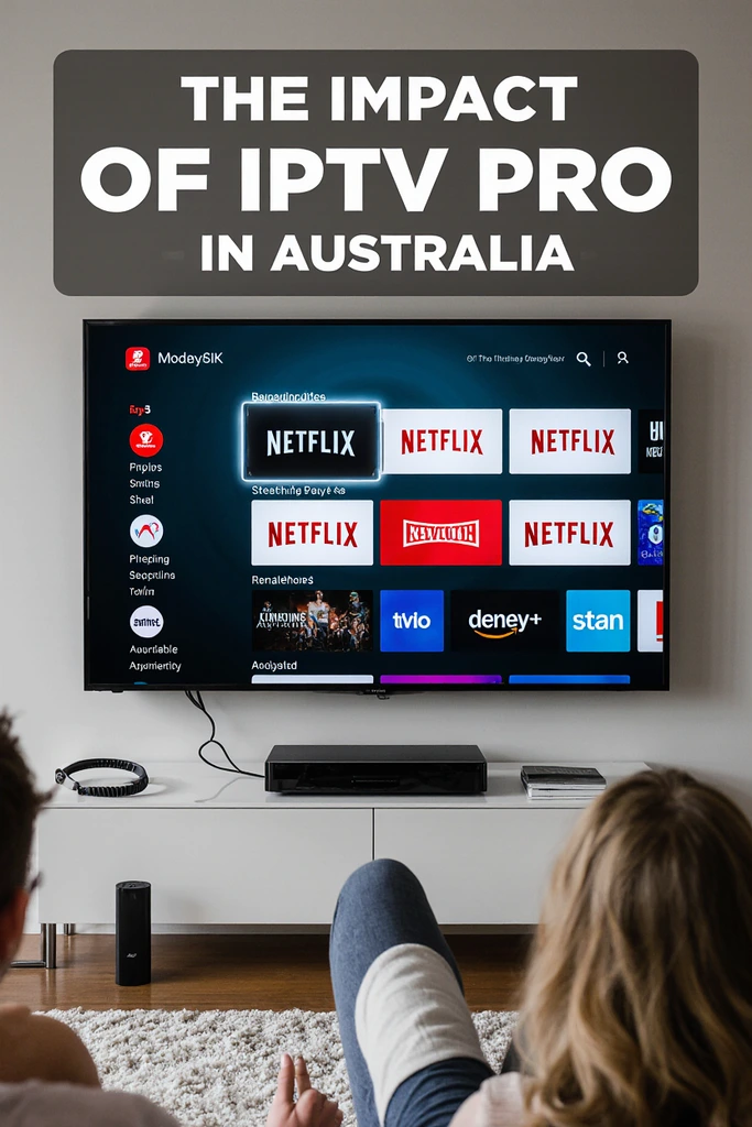 Australian family streaming 4K IPTV content on smart TV with NVIDIA Shield Pro, showing the shift from traditional Pay-TV (Foxtel dish in background) to modern streaming. Text overlay: #The Impact of IPTV on Pay-TV in Australia