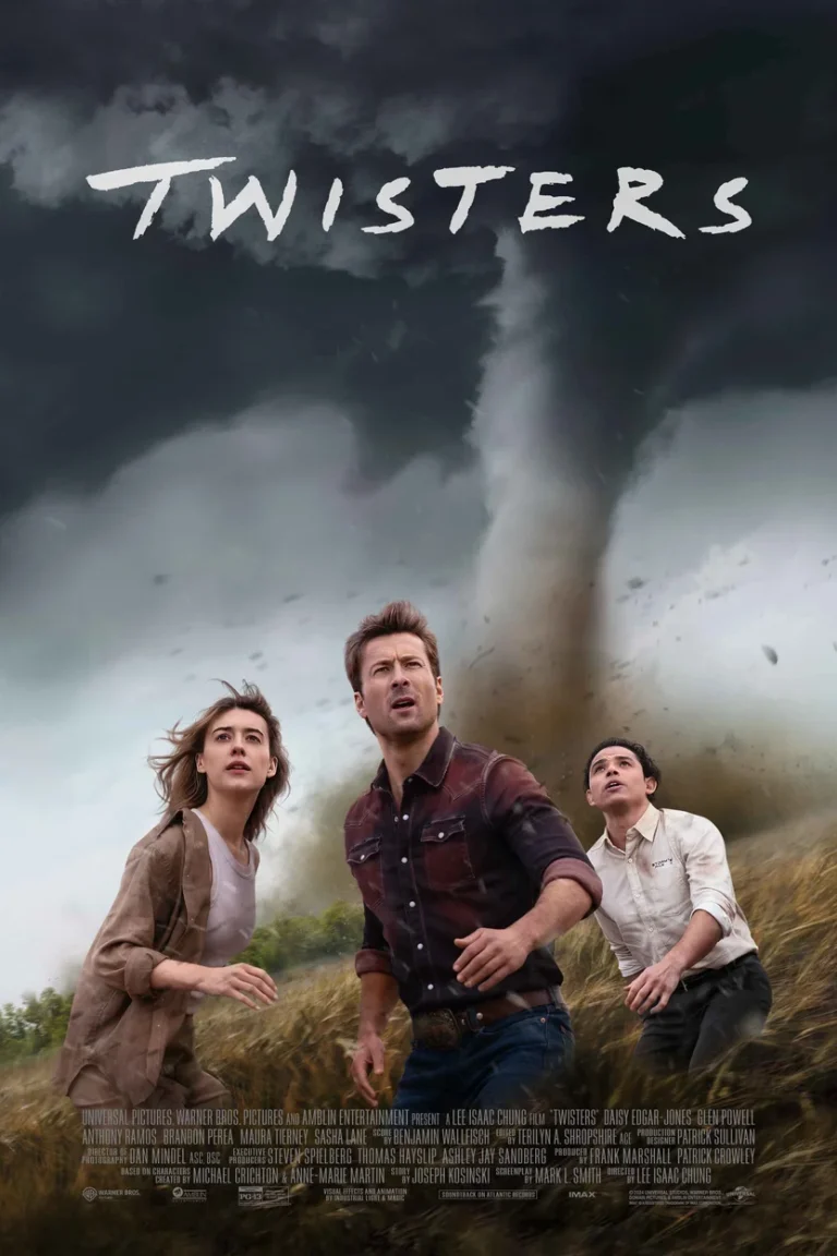 Twisters movie poster with main cast in a stormy landscape