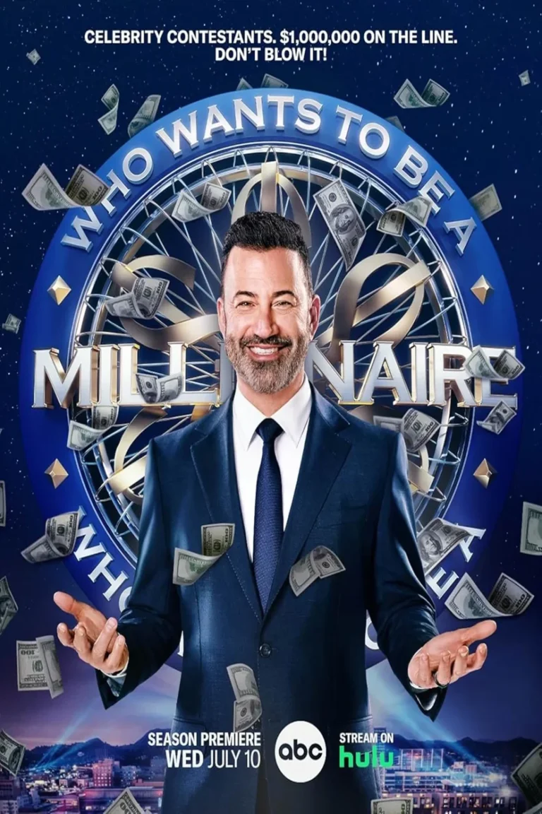A poster of the TV show "Who Wants to Be a Millionaire?" featuring a smiling host in a suit surrounded by floating money.