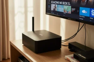 Xiaomi Mi Box S Review - Premium Android TV streaming device setup on modern Australian entertainment unit with 4K television and NBN router