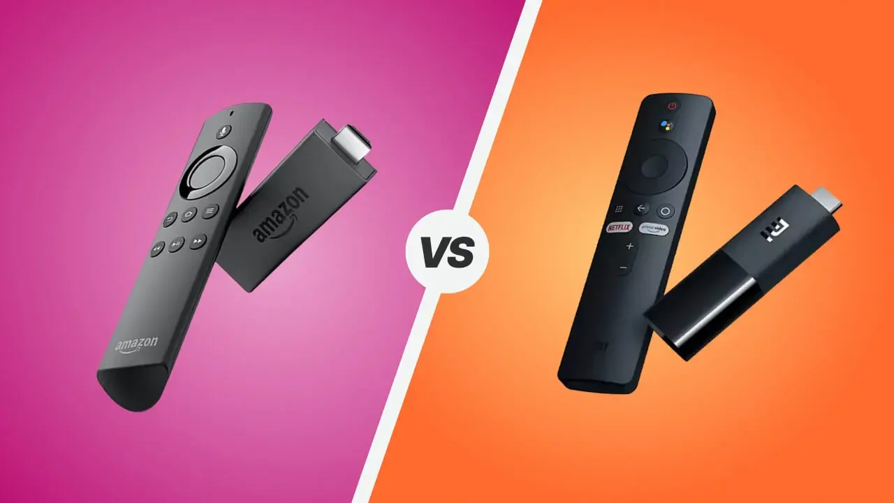Side-by-side comparison image of Amazon Fire TV Stick and Xiaomi Mi TV Stick with their remotes.
