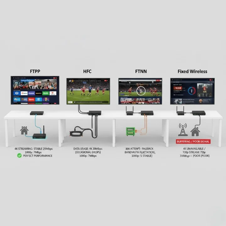 4K IPTV setup illustrating Australian NBN types, data usage, and regional content streaming.