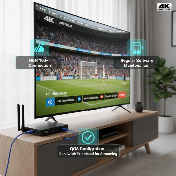 Optimized 4K IPTV setup in Australia with Ethernet connection, QoS settings, and smooth 4K playback.