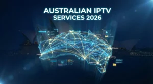Ultra-cinematic 8K visualization of Australian IPTV services 2026, showing holographic Australia map with glowing network connections, abstract fiber optic streams, modern streaming interface, and Sydney Opera House silhouette.