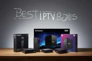 A variety of the best 4K IPTV boxes displayed on a desk, including models like NVIDIA Shield and Formuler Z11 Pro Max.