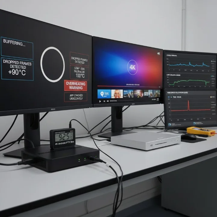 A real 4K IPTV performance test comparing a cheap $65 IPTV box overheating and buffering against a premium device showing stable 4K playback and higher benchmarks, with NBN network speed tests relevant to Australia.