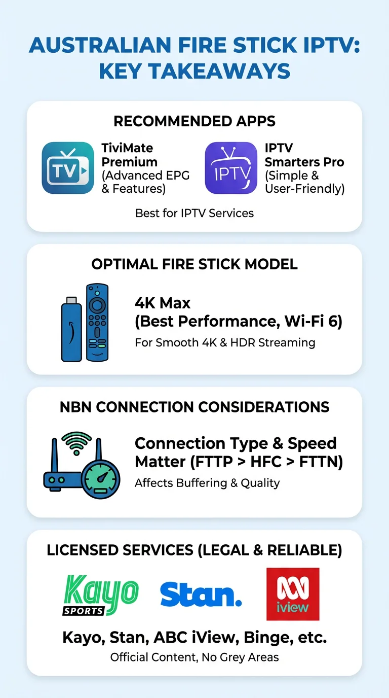Visual summary showing key points for choosing IPTV apps on Fire Stick in Australia