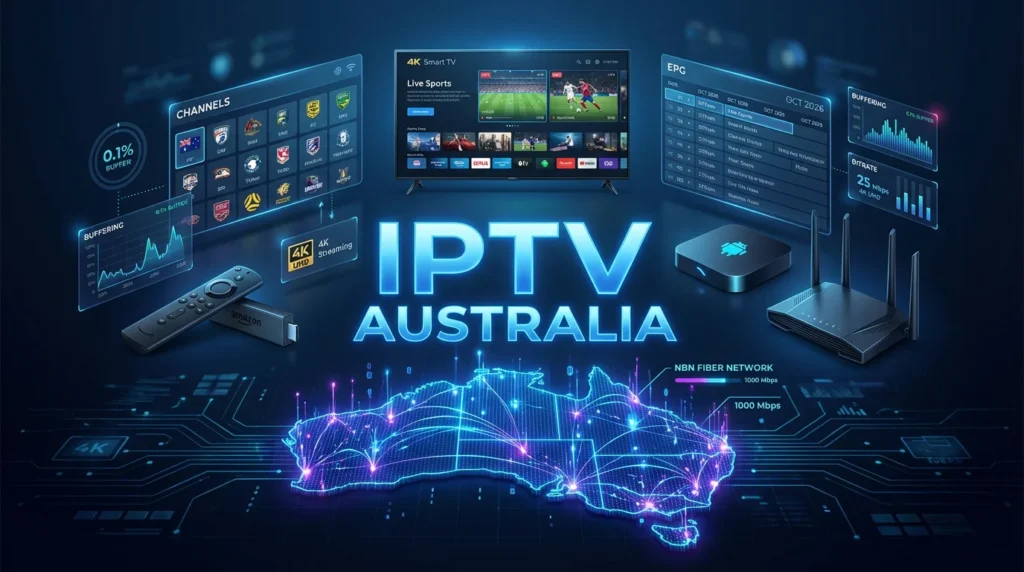 High-quality technical illustration of IPTV Australia streaming system in 2026 with NBN network, 4K devices, live sports channels and data flow visualization.